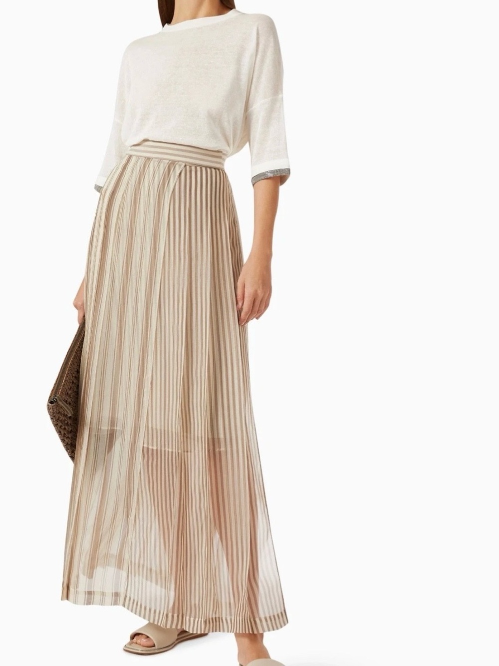 Brunello Cucinelli Silk Cream Tan Pleated Maxi Skirt 8 NWT Made in Italy - Picture 2 of 16